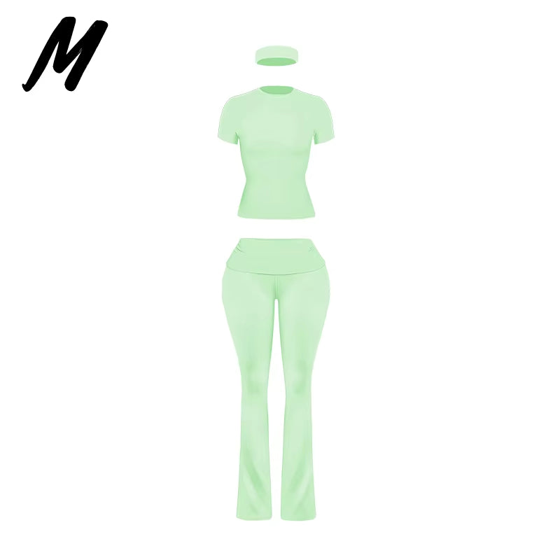Women'S Custom Logo Short Sleeve T-Shirt Flared Hem Pants Two-Piece Set Regular Fit Sports Casual Spring/Summer Spandex/Cotton