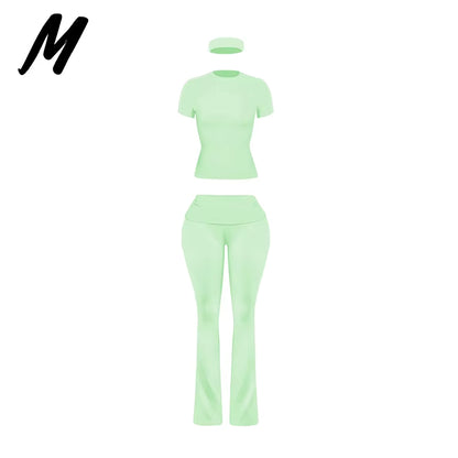 Women'S Custom Logo Short Sleeve T-Shirt Flared Hem Pants Two-Piece Set Regular Fit Sports Casual Spring/Summer Spandex/Cotton