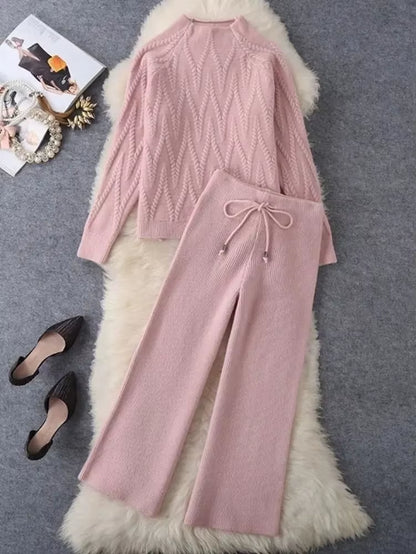 Fall Winter Knitted 2 Piece Sets Half Turtleneck Soft Sweater Outfit Casual Wide Leg Pant Suits Korean Solid Warm Tracksuit New