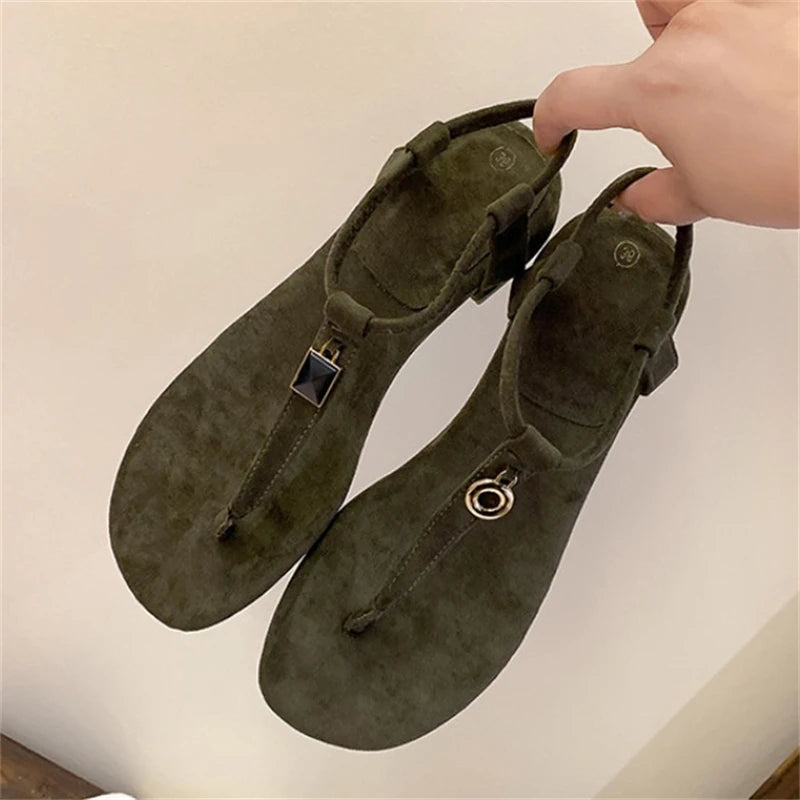 Aneikeh Summer Women'S Blue Suede T-Strap Flip Flops Metal Decor Flat Sandals Ankle Strap Casual Slingback Slippers Beach Shoes