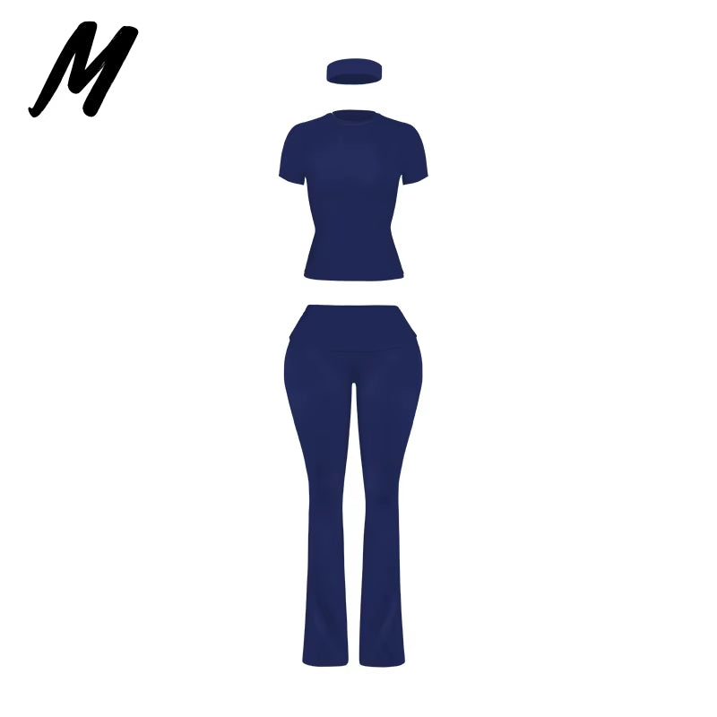 Women'S Custom Logo Short Sleeve T-Shirt Flared Hem Pants Two-Piece Set Regular Fit Sports Casual Spring/Summer Spandex/Cotton