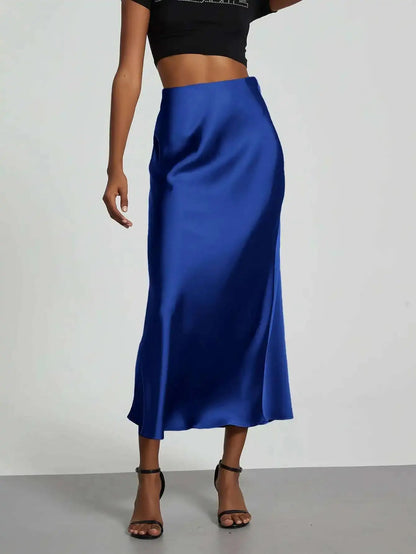28 Colors New 2026 Women'S Elegant High Waist Satin Long Skirts Female Summer Solid Color Faldas Fashion Women Skirts KBA3