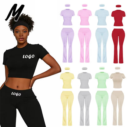 Women'S Custom Logo Short Sleeve T-Shirt Flared Hem Pants Two-Piece Set Regular Fit Sports Casual Spring/Summer Spandex/Cotton