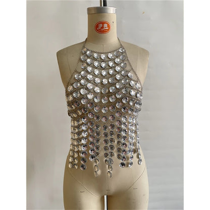 Summer Bikini Cover-Ups for Women Metal Chain Halter Neck Rhinestones Body Chain Y2K Backless Tassel Hem Hollow Vest