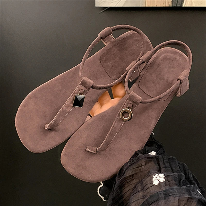 Aneikeh Summer Women'S Blue Suede T-Strap Flip Flops Metal Decor Flat Sandals Ankle Strap Casual Slingback Slippers Beach Shoes