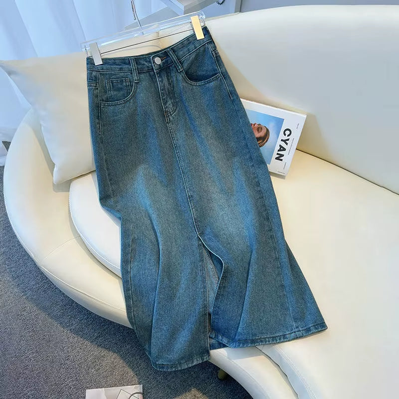 Light Blue Denim A-Line Skirt High Waist Slimming Split Summer 2023 Women'S Faion Long Skirt Casual Sli Trendy
