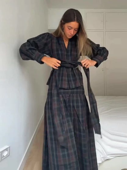 Retro Plaid Lace up Shirt Long Skirt Set Lady Casual Loose V-Neck Shirts High Waist Skirts Sets Women 2025 Classic Chic Outfits