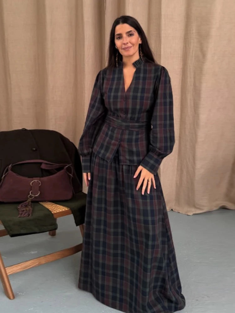 Retro Plaid Lace up Shirt Long Skirt Set Lady Casual Loose V-Neck Shirts High Waist Skirts Sets Women 2025 Classic Chic Outfits