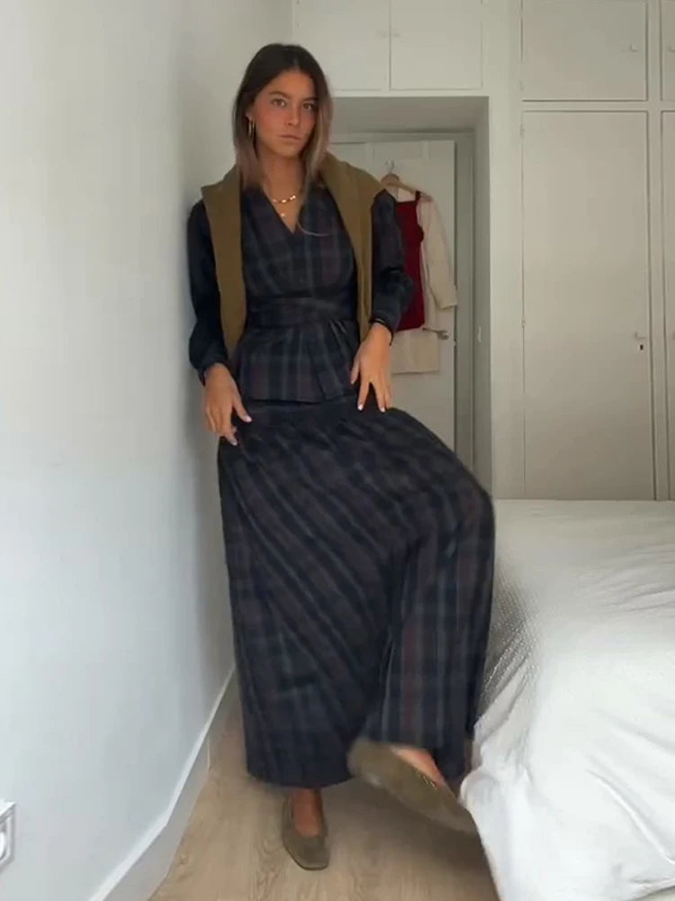 Retro Plaid Lace up Shirt Long Skirt Set Lady Casual Loose V-Neck Shirts High Waist Skirts Sets Women 2025 Classic Chic Outfits