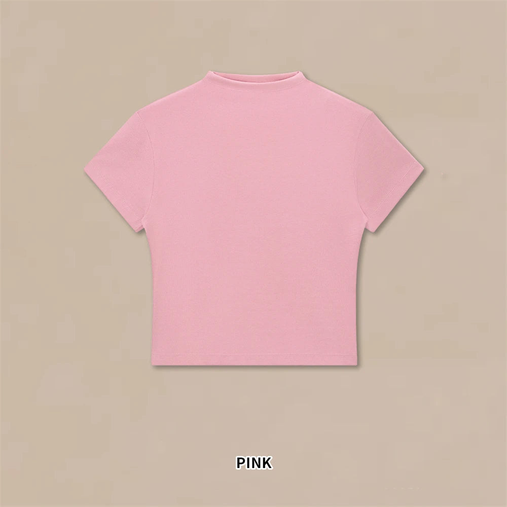 JMD New 2026 Summer Women 210Gsm Mockneck T Shirt Hotsweet Girls Lady Solid Bottoming Shirt Basic T-Shirts Tees QH0026