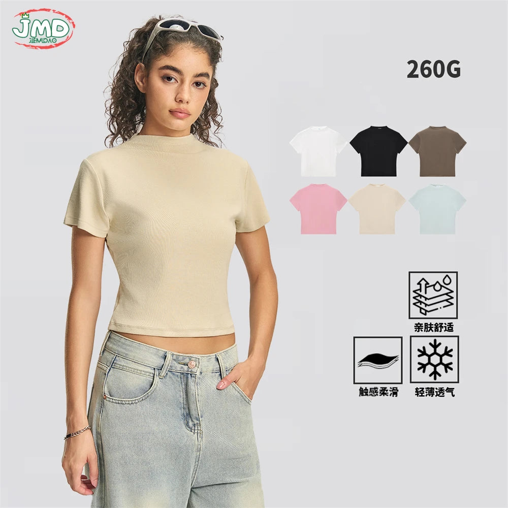 JMD New 2026 Summer Women 210Gsm Mockneck T Shirt Hotsweet Girls Lady Solid Bottoming Shirt Basic T-Shirts Tees QH0026