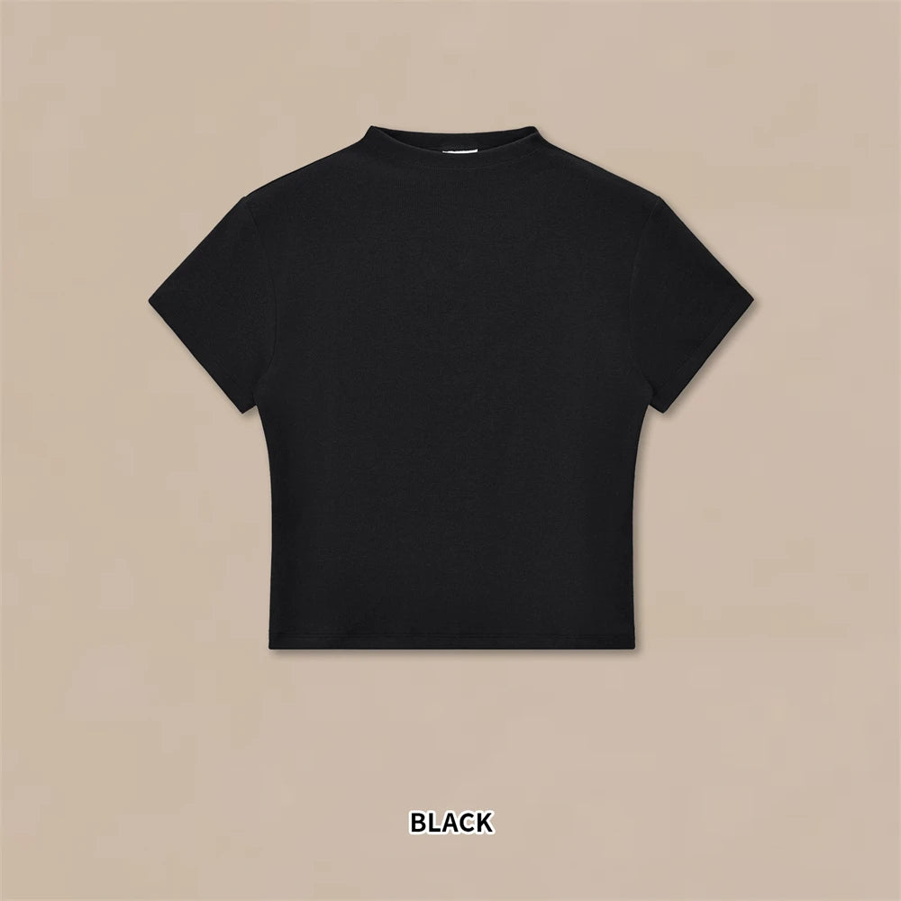 JMD New 2026 Summer Women 210Gsm Mockneck T Shirt Hotsweet Girls Lady Solid Bottoming Shirt Basic T-Shirts Tees QH0026
