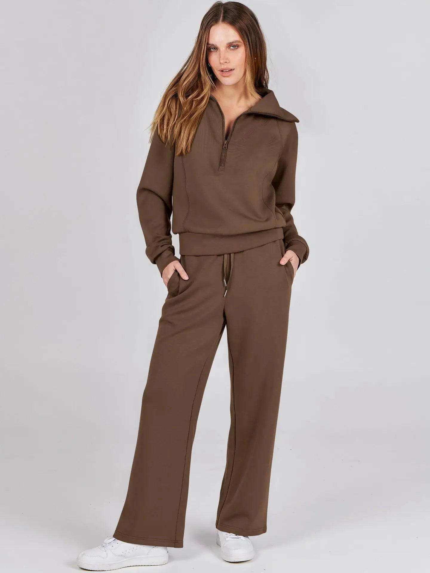 2025 Autumn/Winter Casual 2-Piece Set Long Sleeve Sweatshirt Bell Bottoms Sports Suit Zippered Tracksuit Amazon Style