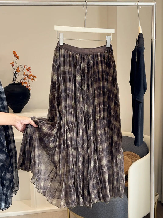 Autumn Women'S Mesh Plaid Mid Skirt Color Blocked High Waisted New Pleated Loose Umbrella Skirt A-Line Luxurious Half Skirt 2026