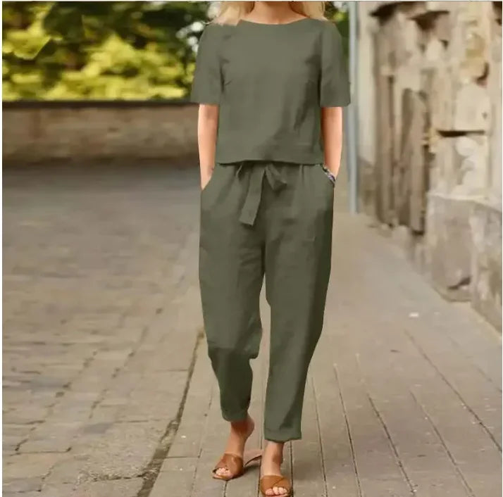 Women'S Pullover Shirt and Pants Two-Piece Set Women'S Cotton and Linen Summer Suit Short Sleeved O-Neck Outfit Pants