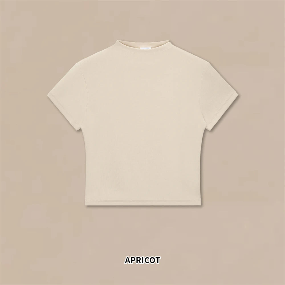 JMD New 2026 Summer Women 210Gsm Mockneck T Shirt Hotsweet Girls Lady Solid Bottoming Shirt Basic T-Shirts Tees QH0026