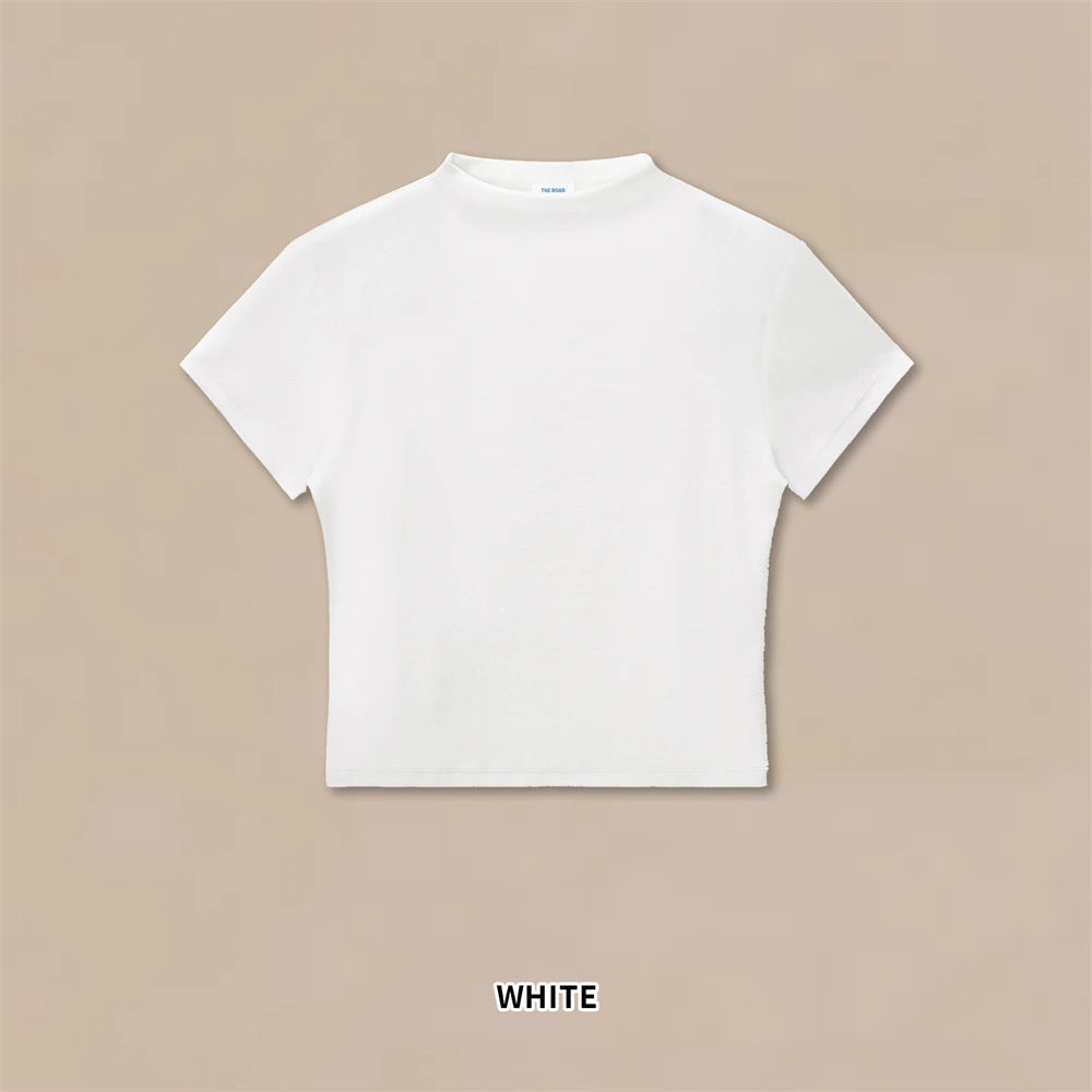 JMD New 2026 Summer Women 210Gsm Mockneck T Shirt Hotsweet Girls Lady Solid Bottoming Shirt Basic T-Shirts Tees QH0026