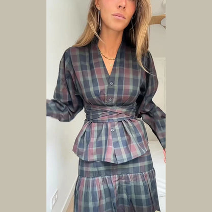 Retro Plaid Lace up Shirt Long Skirt Set Lady Casual Loose V-Neck Shirts High Waist Skirts Sets Women 2025 Classic Chic Outfits