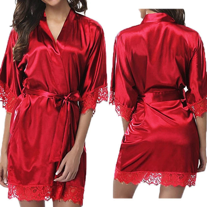 Women Pajamas Robes Sleepwear Nightgowns Half Sleeve Nightdress Lace Bathrobe Smooth Soft Comfortable Pure Color