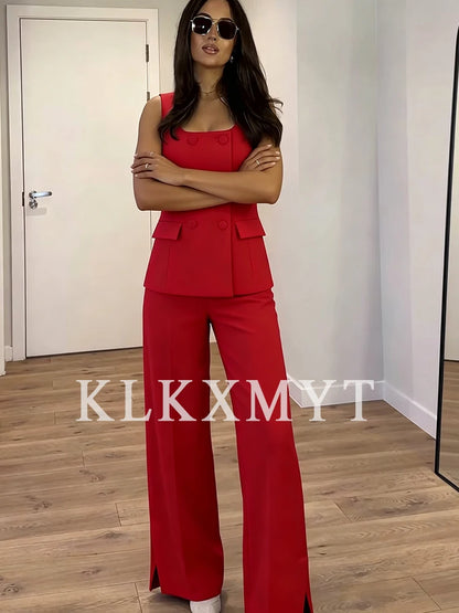 Women 2 Pieces Sets New Fashion Office Vest Top+Split Straight Leg Pants Women'S Suit Formal Two Piece Set Women Outfit