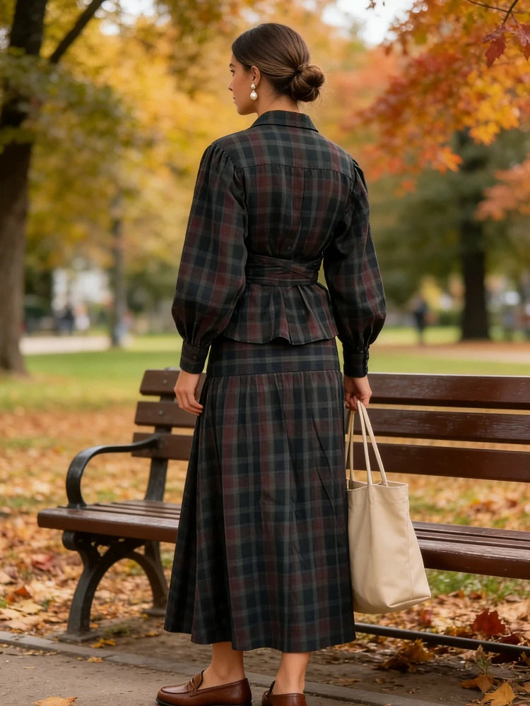 Retro Plaid Lace up Shirt Long Skirt Set Lady Casual Loose V-Neck Shirts High Waist Skirts Sets Women 2025 Classic Chic Outfits