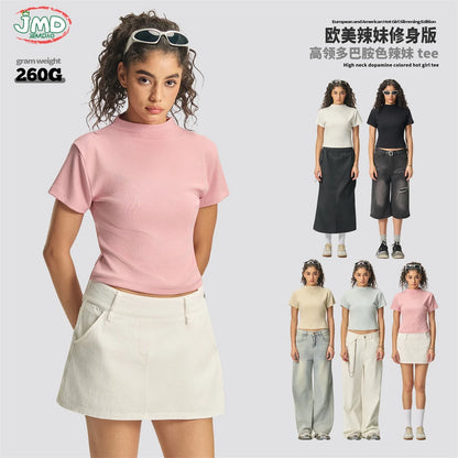 JMD New 2026 Summer Women 210Gsm Mockneck T Shirt Hotsweet Girls Lady Solid Bottoming Shirt Basic T-Shirts Tees QH0026