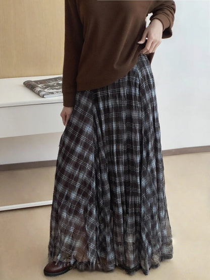 Autumn Women'S Mesh Plaid Mid Skirt Color Blocked High Waisted New Pleated Loose Umbrella Skirt A-Line Luxurious Half Skirt 2026
