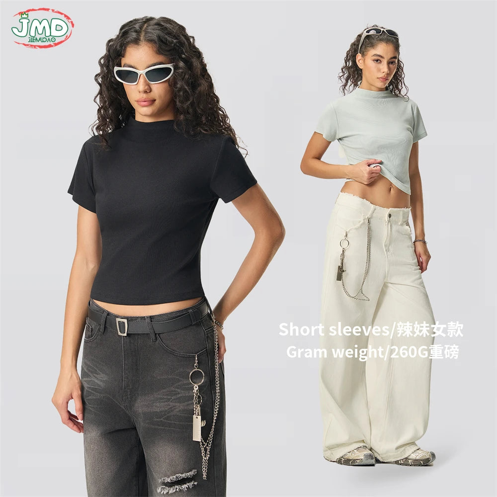 JMD New 2026 Summer Women 210Gsm Mockneck T Shirt Hotsweet Girls Lady Solid Bottoming Shirt Basic T-Shirts Tees QH0026