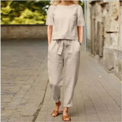 Women'S Pullover Shirt and Pants Two-Piece Set Women'S Cotton and Linen Summer Suit Short Sleeved O-Neck Outfit Pants