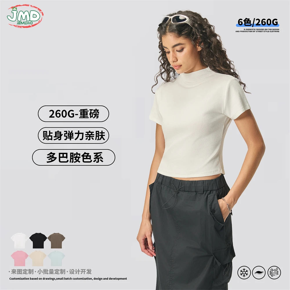 JMD New 2026 Summer Women 210Gsm Mockneck T Shirt Hotsweet Girls Lady Solid Bottoming Shirt Basic T-Shirts Tees QH0026