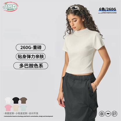 JMD New 2026 Summer Women 210Gsm Mockneck T Shirt Hotsweet Girls Lady Solid Bottoming Shirt Basic T-Shirts Tees QH0026