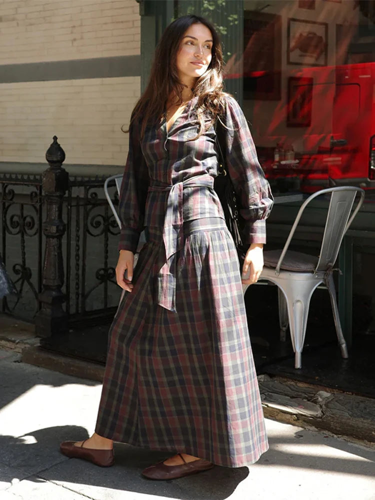 Retro Plaid Lace up Shirt Long Skirt Set Lady Casual Loose V-Neck Shirts High Waist Skirts Sets Women 2025 Classic Chic Outfits