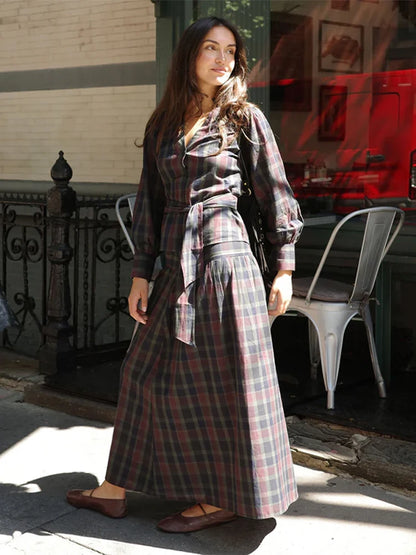 Retro Plaid Lace up Shirt Long Skirt Set Lady Casual Loose V-Neck Shirts High Waist Skirts Sets Women 2025 Classic Chic Outfits