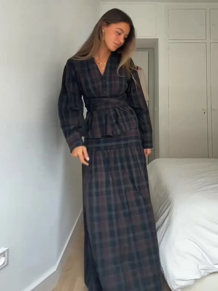 Retro Plaid Lace up Shirt Long Skirt Set Lady Casual Loose V-Neck Shirts High Waist Skirts Sets Women 2025 Classic Chic Outfits