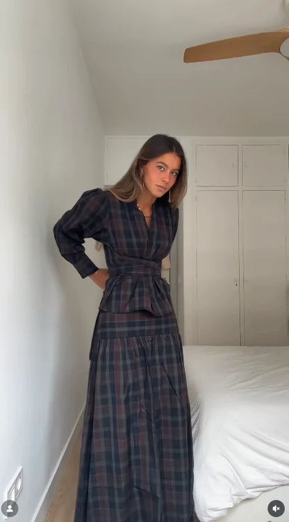 Retro Plaid Lace up Shirt Long Skirt Set Lady Casual Loose V-Neck Shirts High Waist Skirts Sets Women 2025 Classic Chic Outfits