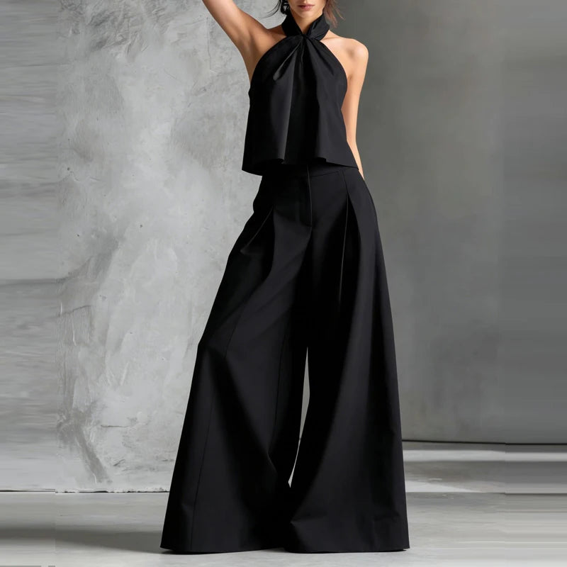 Sexy Halter Tops & Wide Leg Pant Women Suit Fashion Sleeveless Solid Color 2 Piece Sets 2026 Spring Summer Casual Loose Outfits