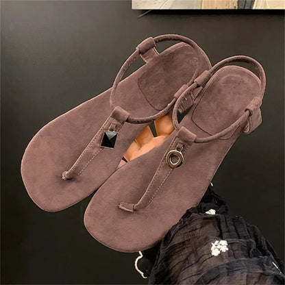 Aneikeh Summer Women'S Blue Suede T-Strap Flip Flops Metal Decor Flat Sandals Ankle Strap Casual Slingback Slippers Beach Shoes