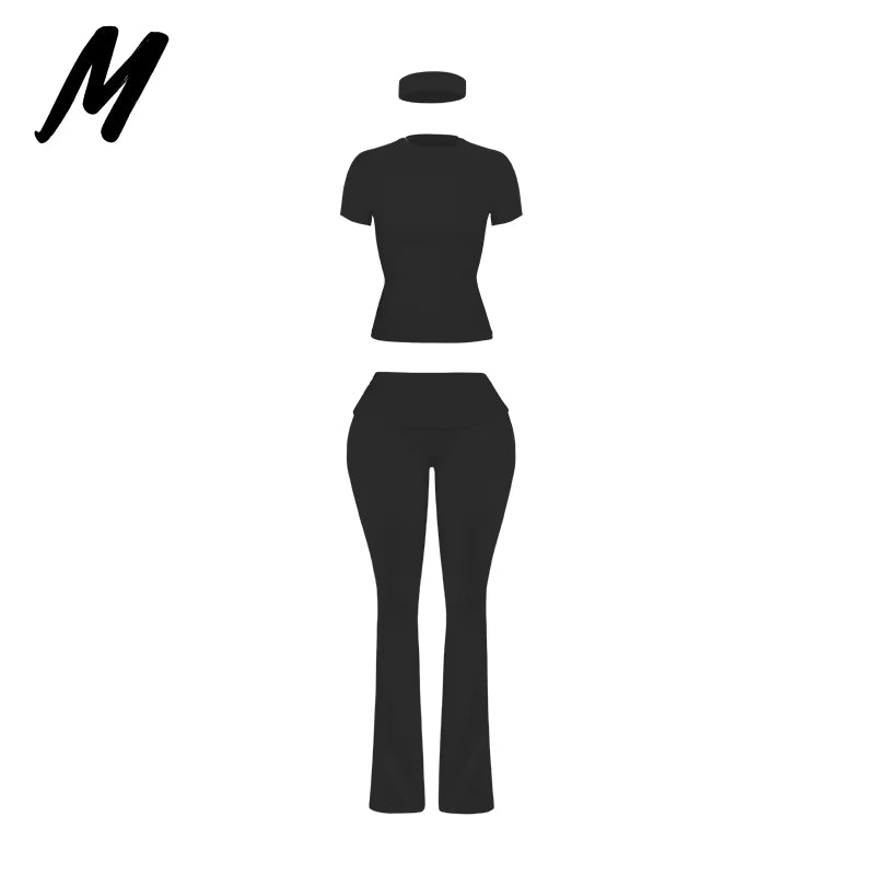 Women'S Custom Logo Short Sleeve T-Shirt Flared Hem Pants Two-Piece Set Regular Fit Sports Casual Spring/Summer Spandex/Cotton