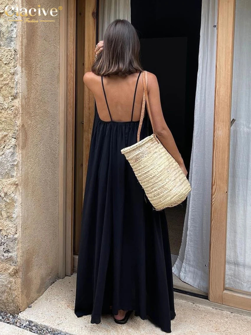Summer Loose Black Women'S Dress 2023 Fashion Strap Sleeveless Ankle-Length Dresses Elegant Backless Female Sundress