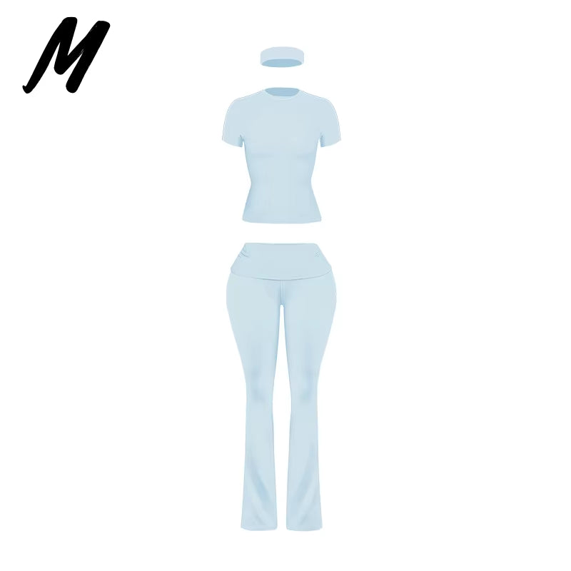 Women'S Custom Logo Short Sleeve T-Shirt Flared Hem Pants Two-Piece Set Regular Fit Sports Casual Spring/Summer Spandex/Cotton