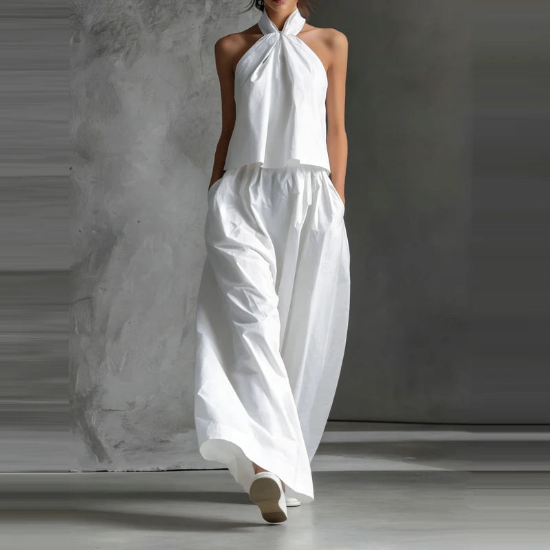 Sexy Halter Tops & Wide Leg Pant Women Suit Fashion Sleeveless Solid Color 2 Piece Sets 2026 Spring Summer Casual Loose Outfits