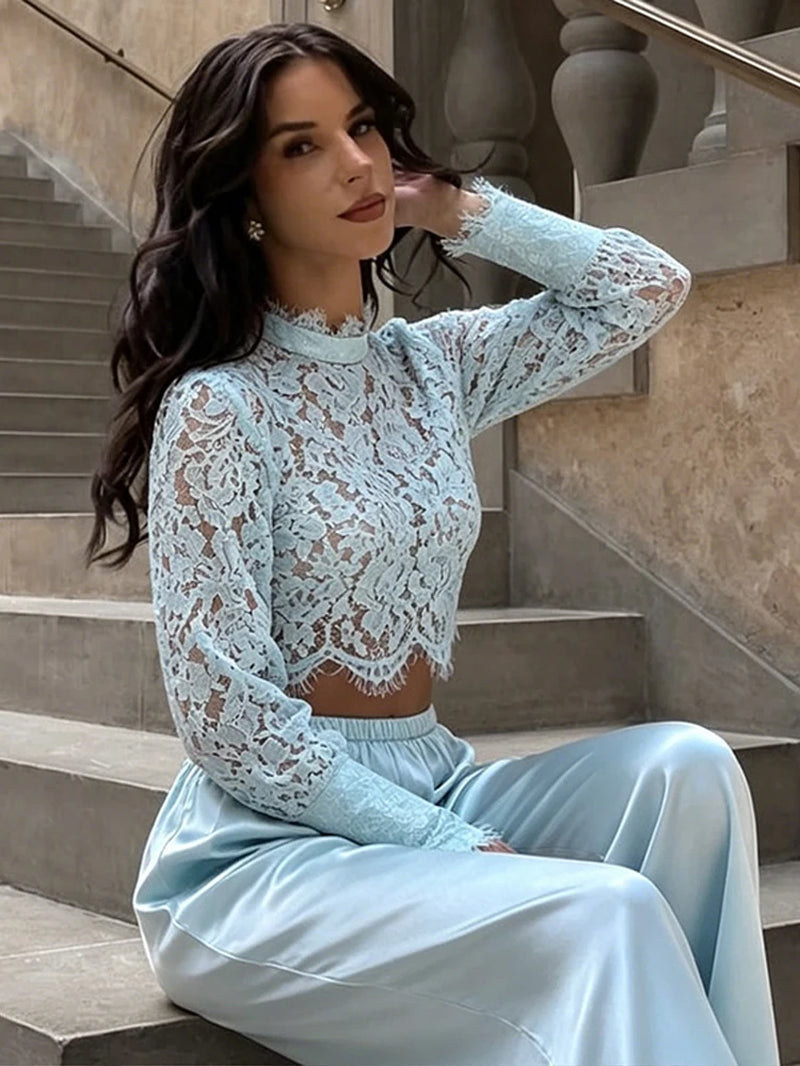 Long Pants Set Lace High Neck Sheer Sleeves Crop Top Satin Elastic Waist Wide Leg Trousers Casual Elegant Fashion Women Outfits