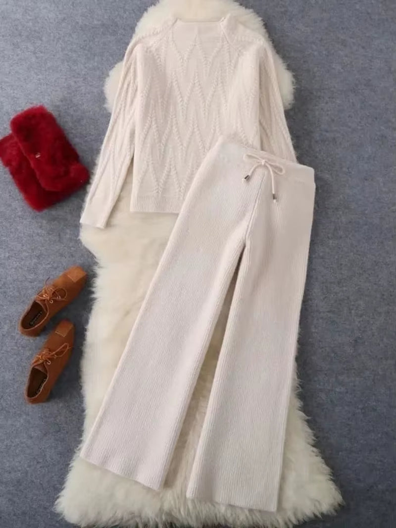 Fall Winter Knitted 2 Piece Sets Half Turtleneck Soft Sweater Outfit Casual Wide Leg Pant Suits Korean Solid Warm Tracksuit New