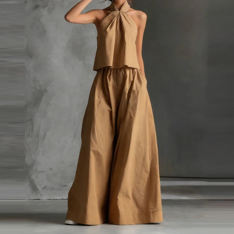 Sexy Halter Tops & Wide Leg Pant Women Suit Fashion Sleeveless Solid Color 2 Piece Sets 2026 Spring Summer Casual Loose Outfits
