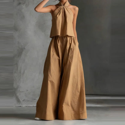 Sexy Halter Tops & Wide Leg Pant Women Suit Fashion Sleeveless Solid Color 2 Piece Sets 2026 Spring Summer Casual Loose Outfits