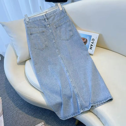 Light Blue Denim A-Line Skirt High Waist Slimming Split Summer 2023 Women'S Faion Long Skirt Casual Sli Trendy