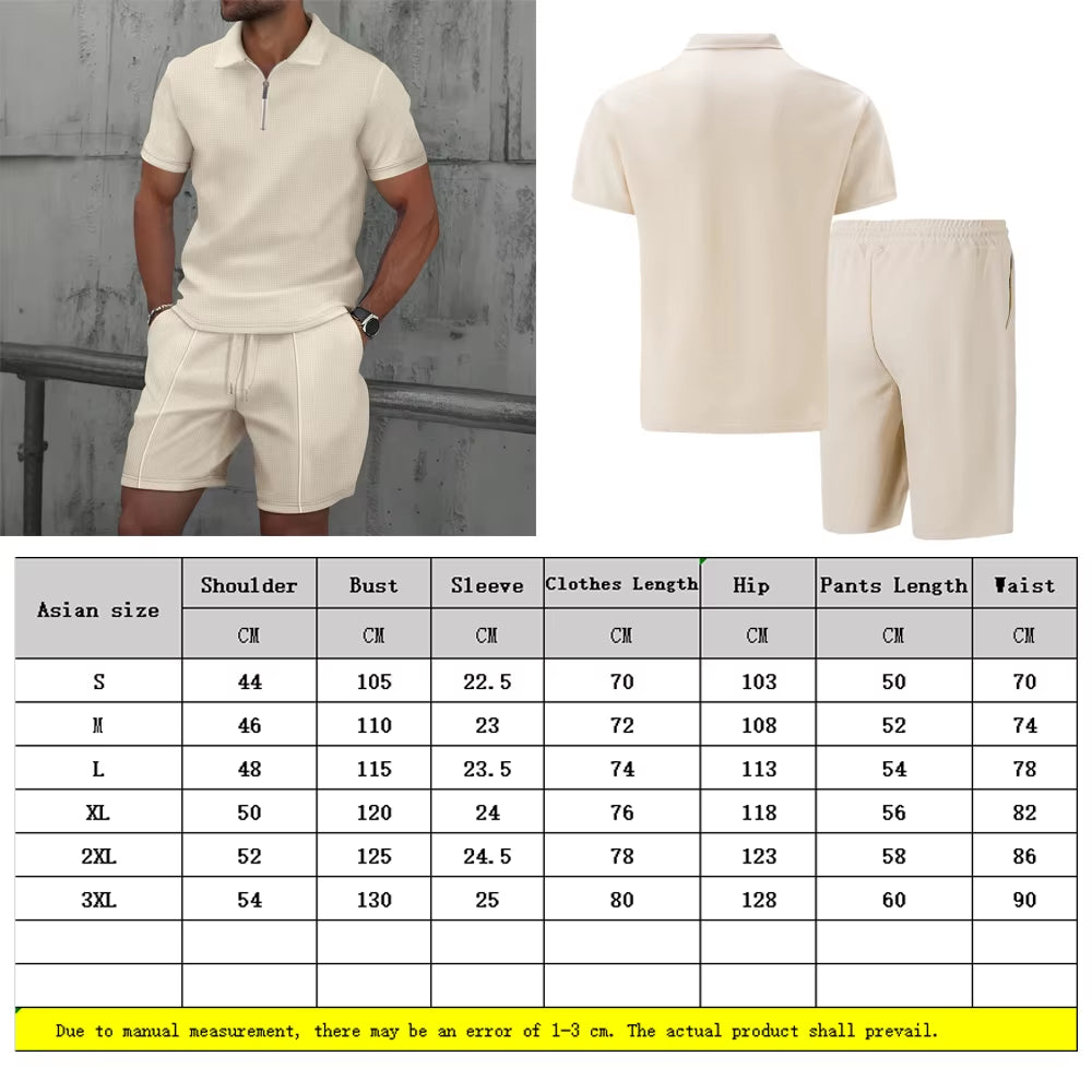 2025 Men Europe and the United States New Summer Waffle Solid Color Zip-Up Lapel Short-Sleeve Suit Shorts Two Sets