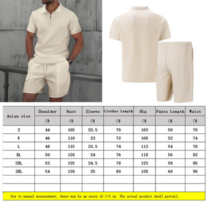 2025 Men Europe and the United States New Summer Waffle Solid Color Zip-Up Lapel Short-Sleeve Suit Shorts Two Sets