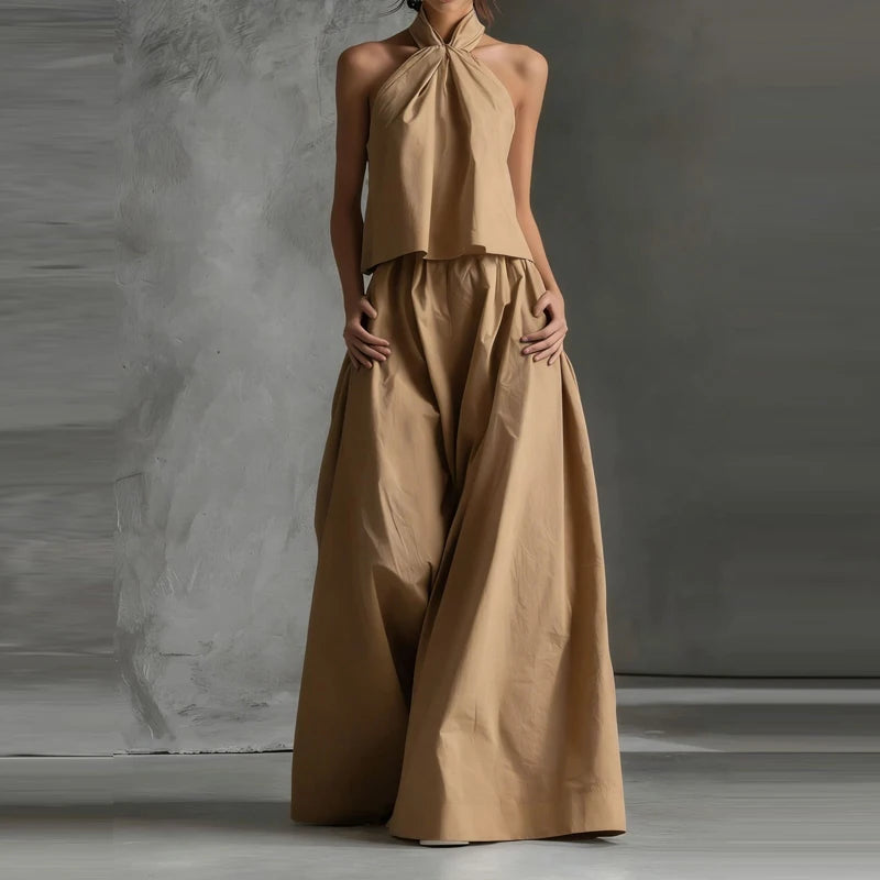 Sexy Halter Tops & Wide Leg Pant Women Suit Fashion Sleeveless Solid Color 2 Piece Sets 2026 Spring Summer Casual Loose Outfits