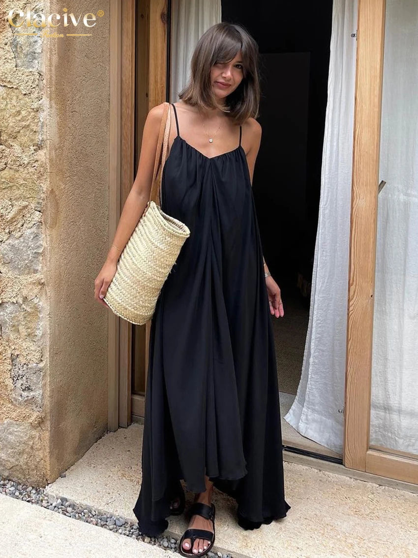 Summer Loose Black Women'S Dress 2023 Fashion Strap Sleeveless Ankle-Length Dresses Elegant Backless Female Sundress